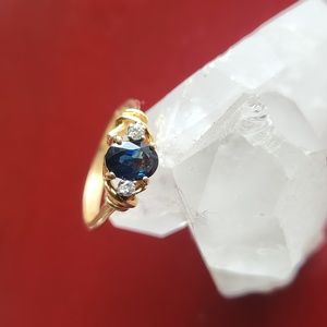 Genuine Blue Sapphire & Diamond 14k Yellow Gold Vintage 1980s Three Stone Ring